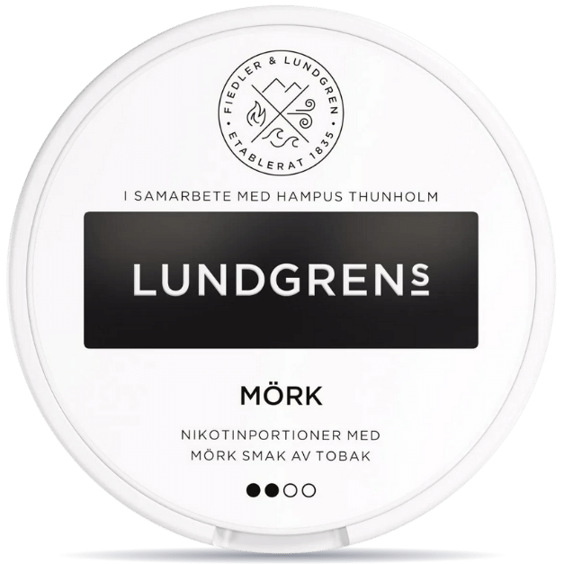 Front view of a can of Lundgrens Mörk nicotine pouches