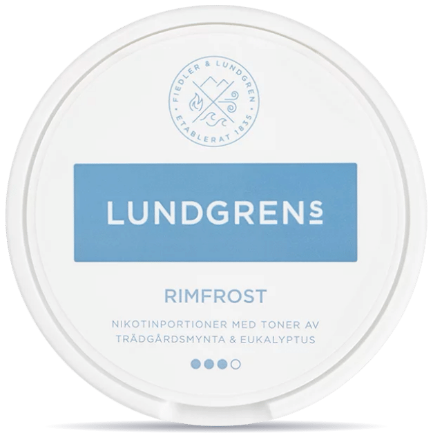 Front view of a can of Lundgrens Rimfrost nicotine pouches