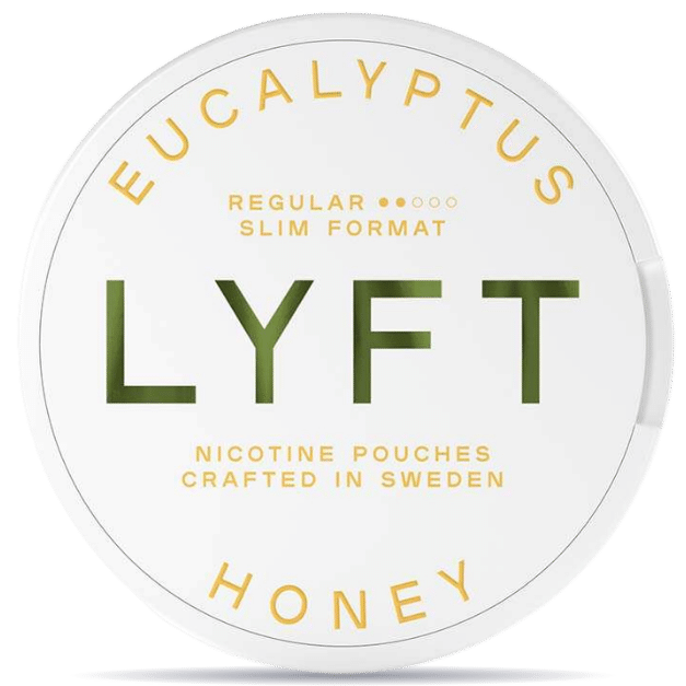 Front view of a can of LYFT Eucalyptus Honey Regular Slim nicotine pouches