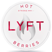 Front view of a can of LYFT Hot Berries Strong nicotine pouches