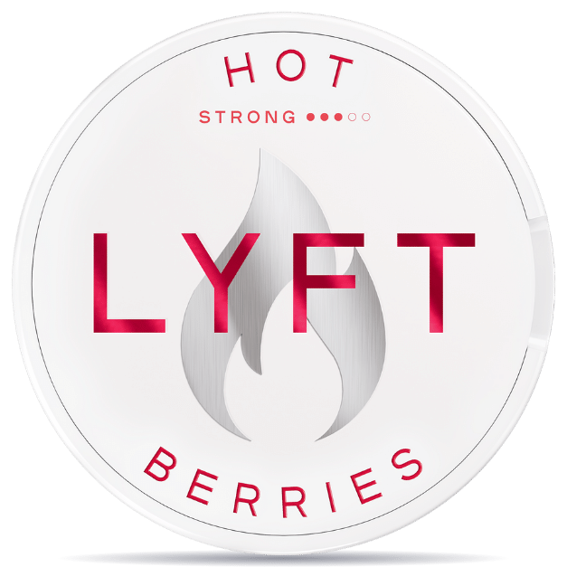 Front view of a can of LYFT Hot Berries Strong nicotine pouches