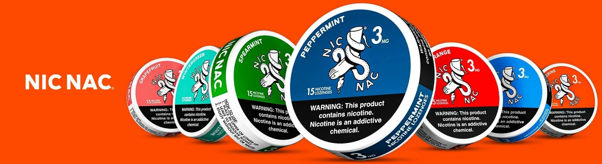 Nic Nac nicotine pouches lineup with Peppermint, Spearmint, Wintergreen and fruit flavors on bright orange background