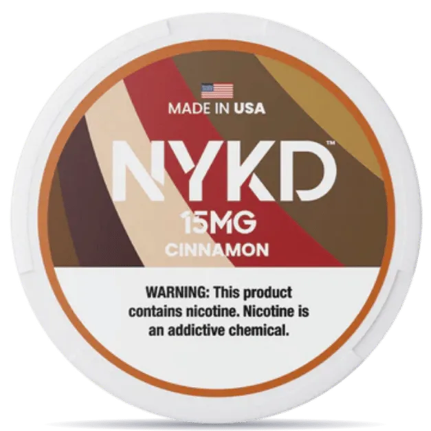 NYKD Cinnamon 15mg nicotine pouches can – tobacco-free, made in USA, cinnamon flavor