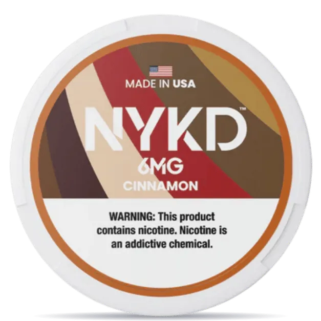 NYKD Cinnamon 6mg nicotine pouches can – tobacco-free, made in USA, cinnamon flavor