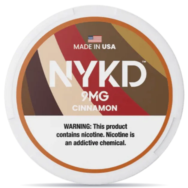 NYKD Cinnamon 9mg nicotine pouches can – tobacco-free, made in USA, cinnamon flavor