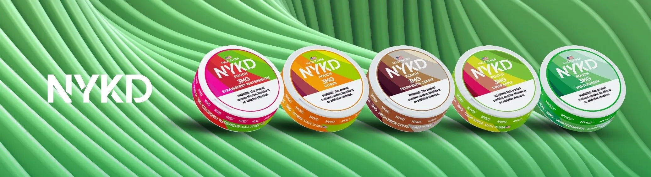 NYKD nicotine pouches lineup with Strawberry Watermelon, Citrus and Coffee flavors on green textured background