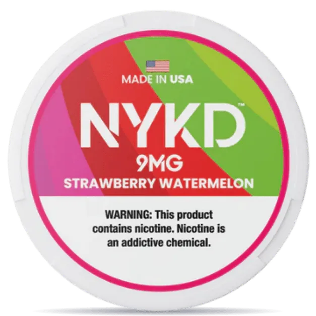 NYKD Strawberry Watermelon 9mg nicotine pouches can – tobacco-free, made in USA, fruity berry watermelon flavor