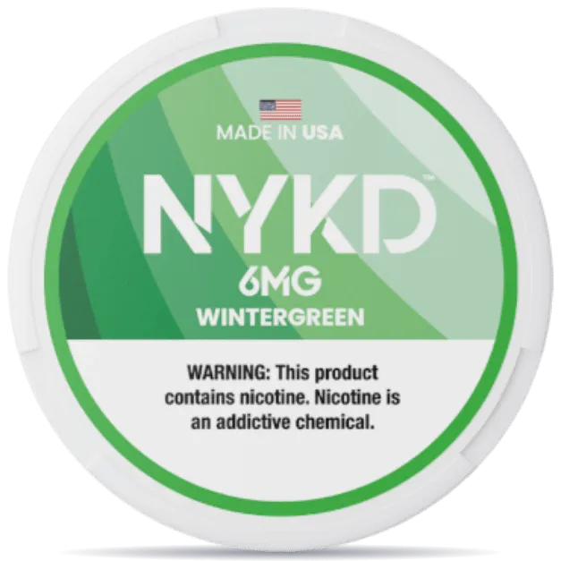 NYKD Wintergreen 6mg nicotine pouches can – tobacco-free, made in USA, wintergreen mint flavor