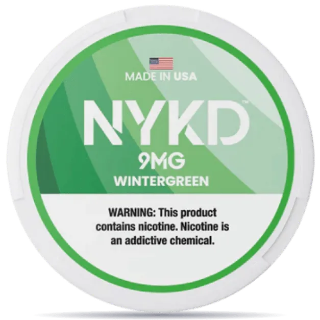 NYKD Wintergreen 9mg nicotine pouches can – tobacco-free, made in USA, wintergreen mint flavor