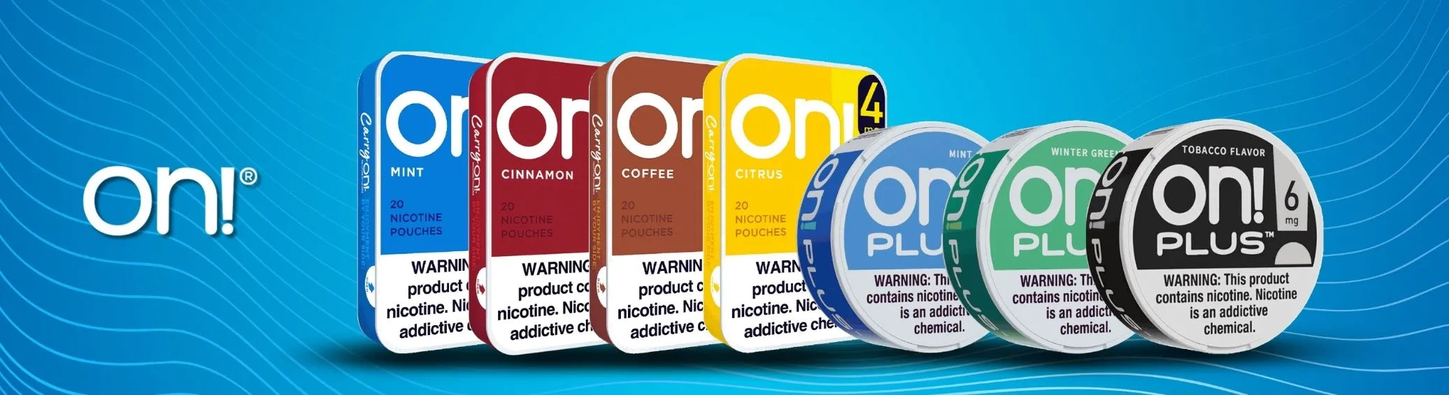 On! nicotine pouches cans and boxes with Mint, Cinnamon and Citrus flavors on blue background