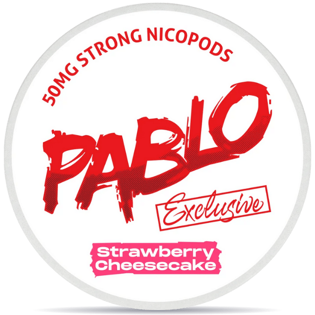 Front view of a can of PABLO Exclusive Strawberry Cheesecake nicotine pouches