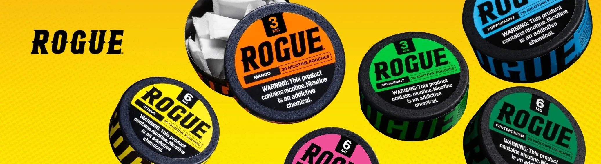 Rogue nicotine pouches lineup with Mango, Spearmint and Wintergreen flavors on yellow background
