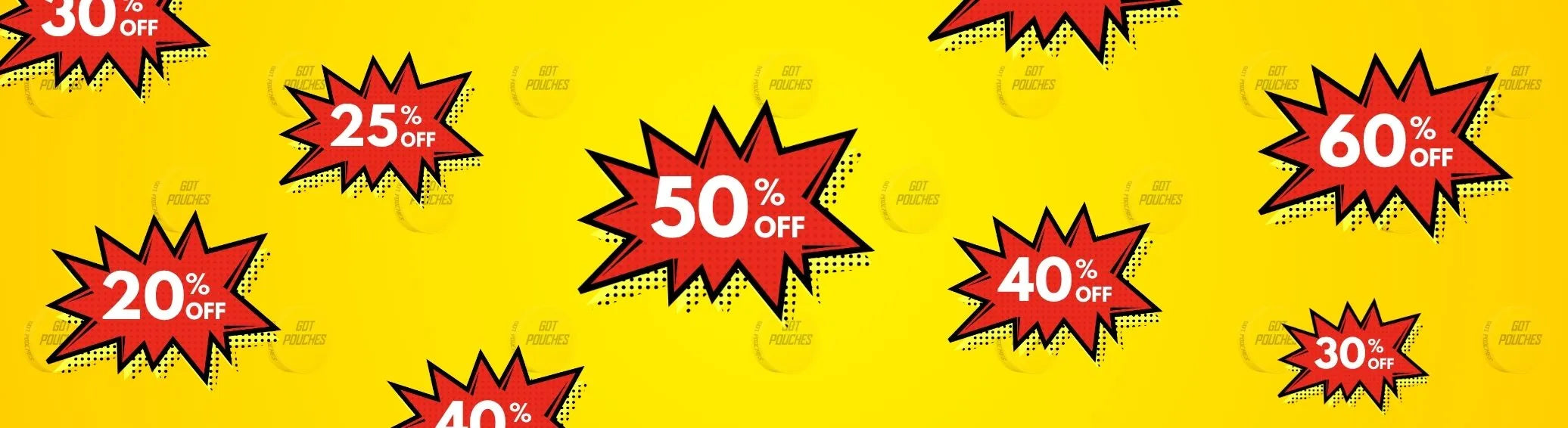 Nicotine pouch sale banner featuring GotPouches discounts from 20% to 60% off on a bright yellow background.