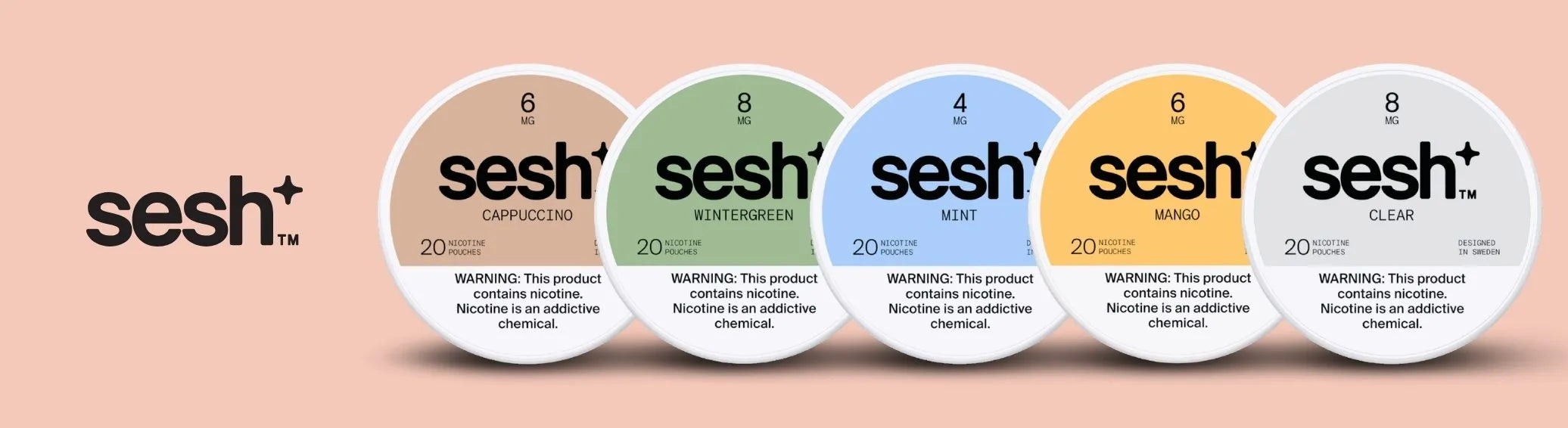 Sesh+ nicotine pouches lineup with Cappuccino, Mint and Mango flavors on neutral background