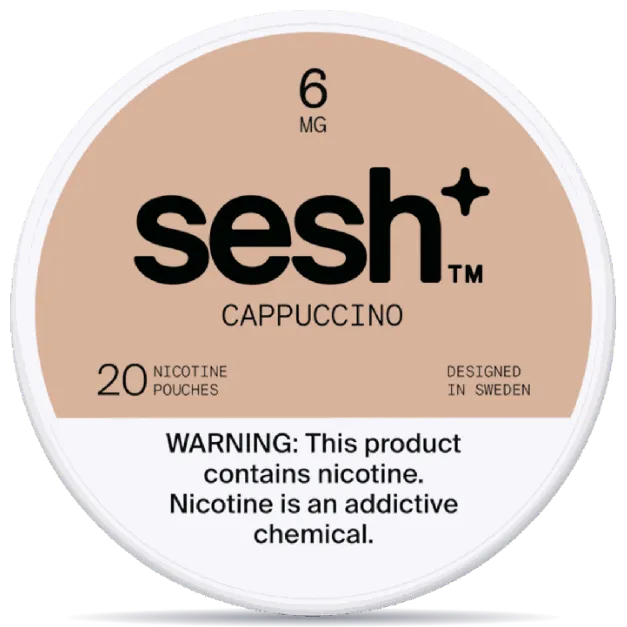 Sesh+ Cappuccino 6mg nicotine pouches can – tobacco-free, 20 pouches, coffee flavor