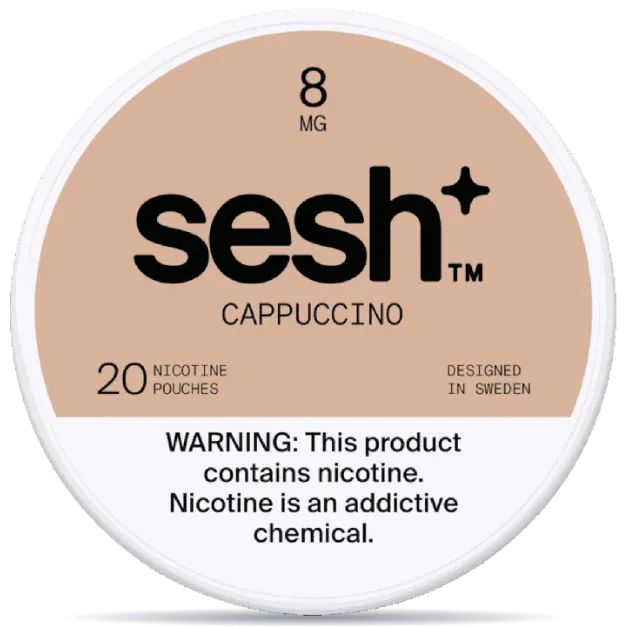 Sesh+ Cappuccino 8mg nicotine pouches can – tobacco-free, 20 pouches, coffee flavor