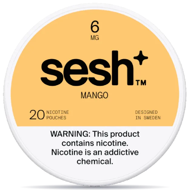 Sesh+ Mango 6mg nicotine pouches can – tobacco-free, 20 pouches, mango flavor