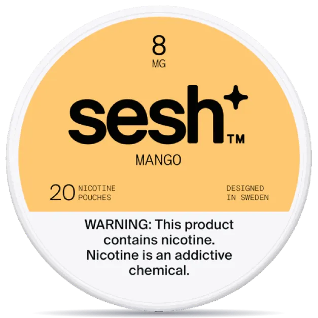 Sesh+ Mango 8mg nicotine pouches can – tobacco-free, 20 pouches, mango flavor