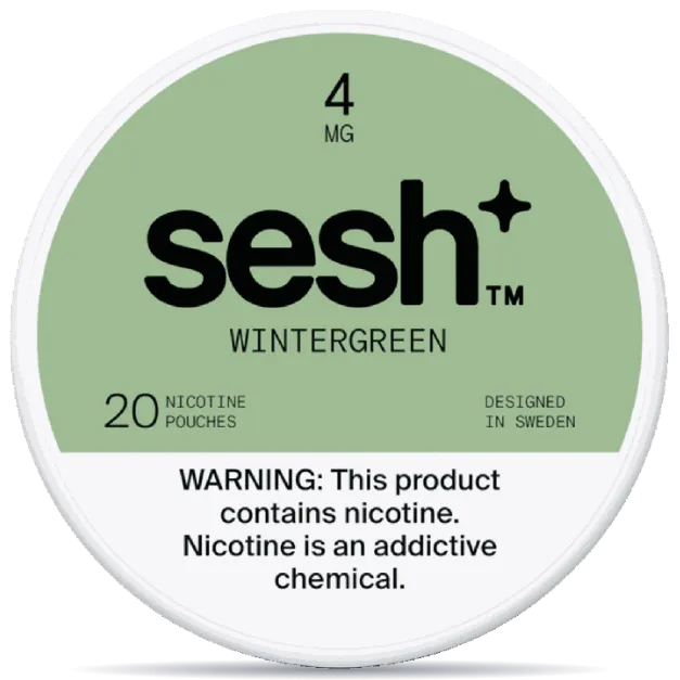 Sesh+ Wintergreen 4mg nicotine pouches can – tobacco-free, 20 pouches, wintergreen flavor