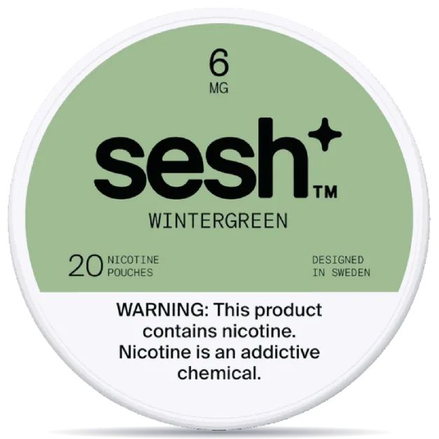 Sesh+ Wintergreen 6mg nicotine pouches can – tobacco-free, 20 pouches, wintergreen flavor