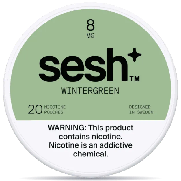 Sesh+ Wintergreen 8mg nicotine pouches can – tobacco-free, 20 pouches, wintergreen flavor