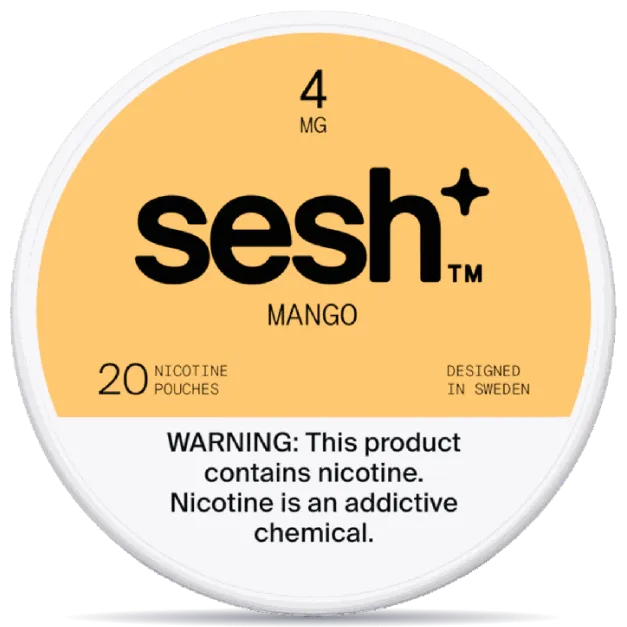 Sesh+ Mango 4mg nicotine pouches can – tobacco-free, 20 pouches, mango flavor