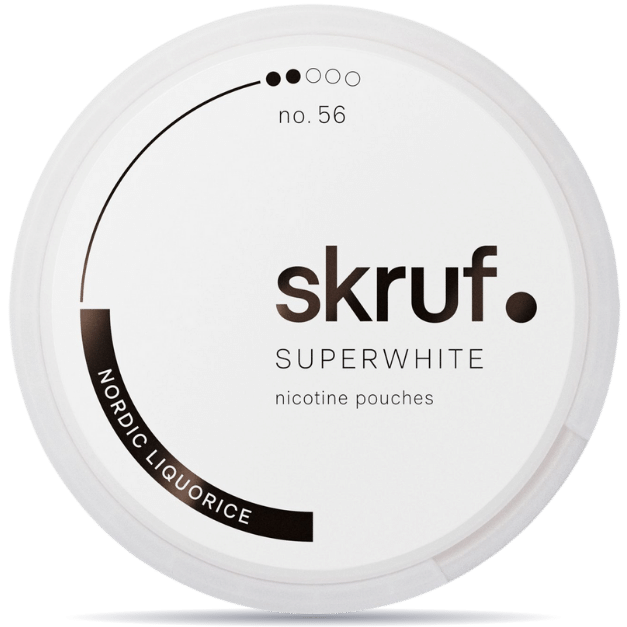 Front view of a can of Skruf Superwhite No.56 Nordic Liquorice nicotine pouches