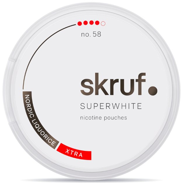 Front view of a can of Skruf Superwhite No.58 Nordic Liquorice Extra Strong nicotine pouches