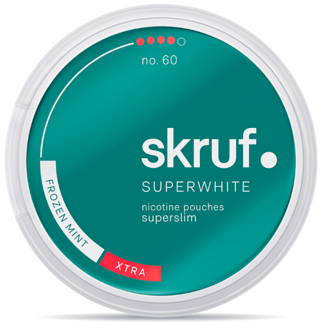 Front view of a can of Skruf Superwhite No.60 Frozen Mint Extra nicotine pouches