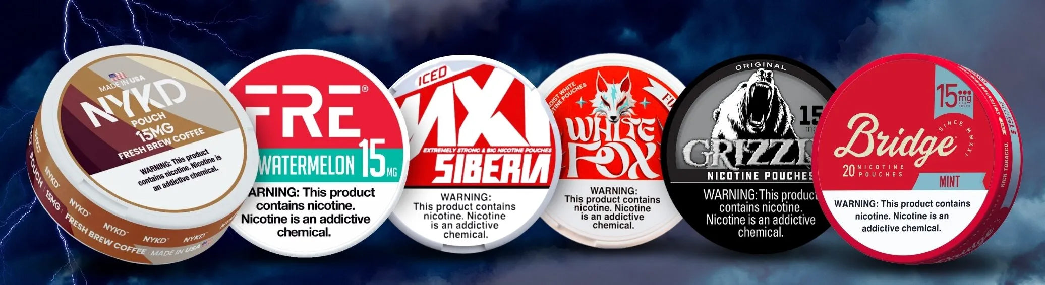 Strong Nicotine Pouches USA at GotPouches featuring NYKD, FRE, Siberia, White Fox, Grizzly and Bridge high strength pouch cans for adult users