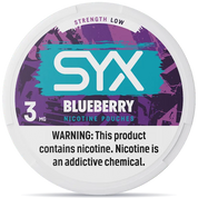 SYX Blueberry nicotine pouches 3mg low strength can purple design