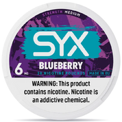 SYX Blueberry nicotine pouches 6mg medium strength can purple design