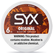 SYX Original 6mg nicotine pouches for sale in the USA featuring classic unflavored taste and medium strength in a 20 pouch can.