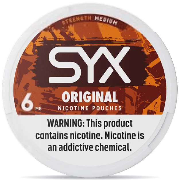SYX Original 6mg nicotine pouches for sale in the USA featuring classic unflavored taste and medium strength in a 20 pouch can.
