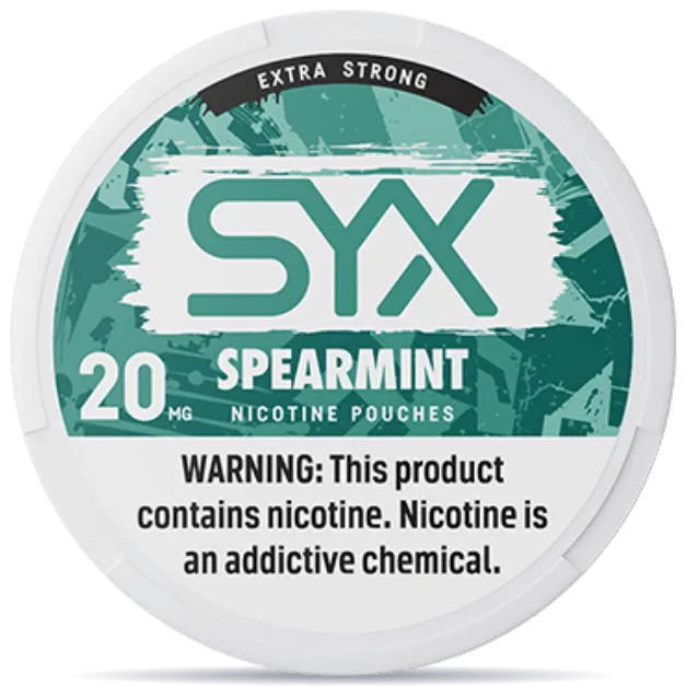 SYX Spearmint nicotine pouches 20mg extra strong can teal green design