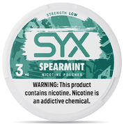 SYX Spearmint nicotine pouches 3mg low strength can teal green design