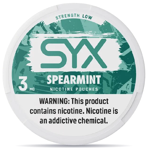 SYX Spearmint nicotine pouches 3mg low strength can teal green design
