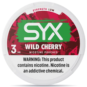 SYX Wild Cherry nicotine pouches 3mg low strength can with red design