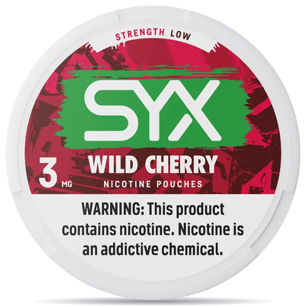 SYX Wild Cherry nicotine pouches 3mg low strength can with red design