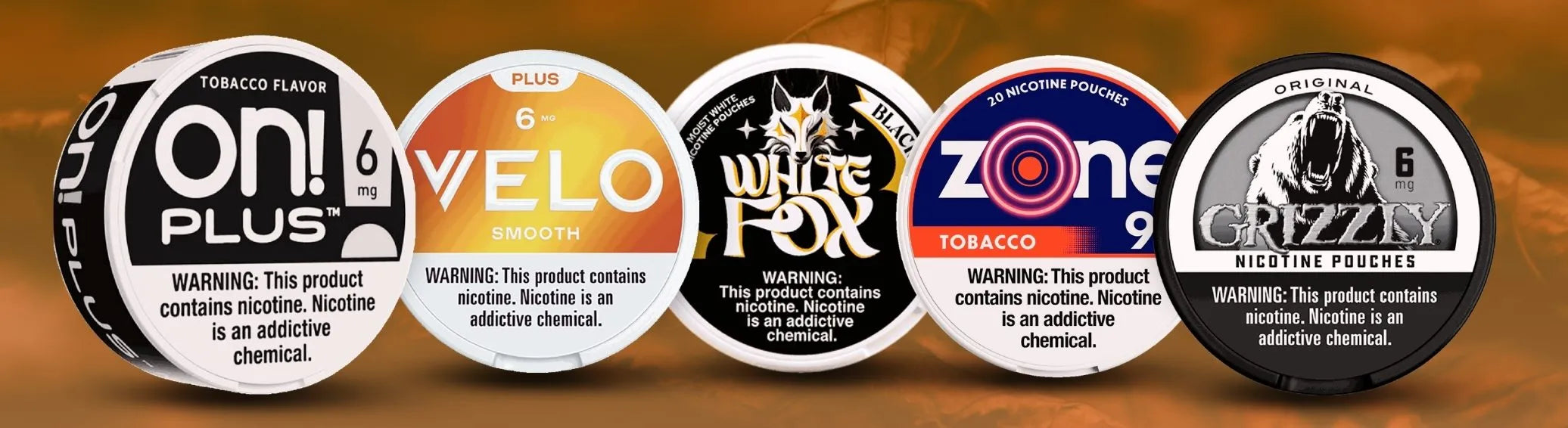 Tobacco Flavored Nicotine Pouches USA at GotPouches featuring ON!, VELO, White Fox, Zone and Grizzly tobacco style pouch cans in multiple nicotine strengths