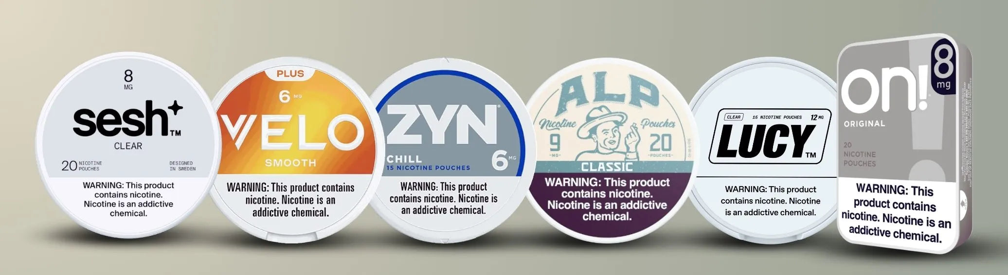 Unflavored nicotine pouches in the USA including ZYN, VELO, Lucy, On!, ALP and Sesh displayed in a lineup.