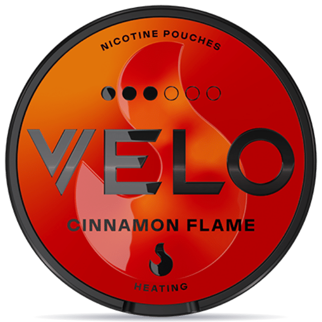 Front view of a can of VELO Cinnamon Flame Slim Strong nicotine pouches