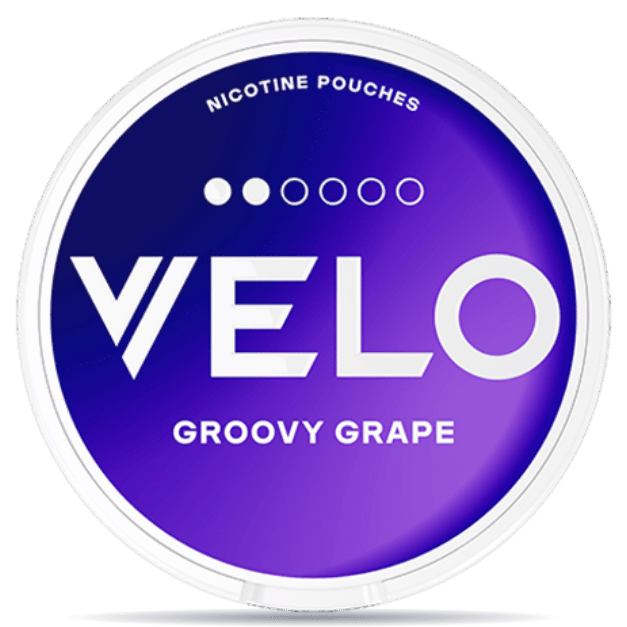 Front view of a can of VELO Groovy Grape Mini nicotine pouches