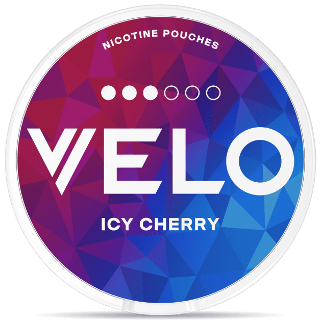 Front view of a can of VELO Icy Cherry nicotine pouches