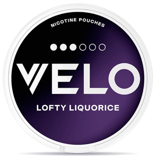 Front view of a can of VELO Lofty Liquorice nicotine pouches