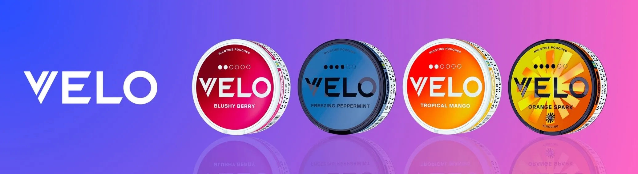 VELO nicotine pouches banner with multiple flavors.