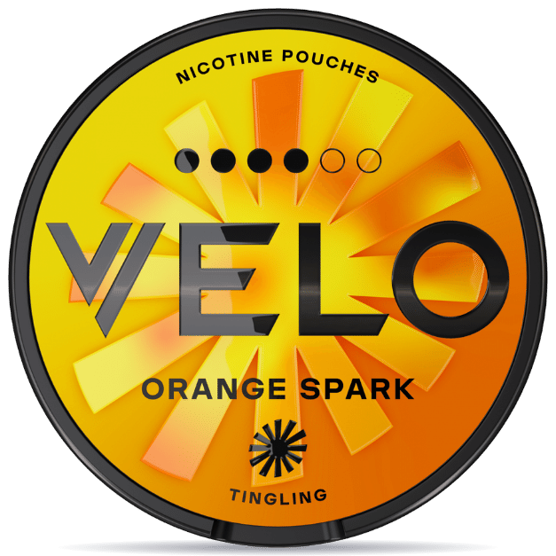 Front view of a can of VELO Orange Spark nicotine pouches