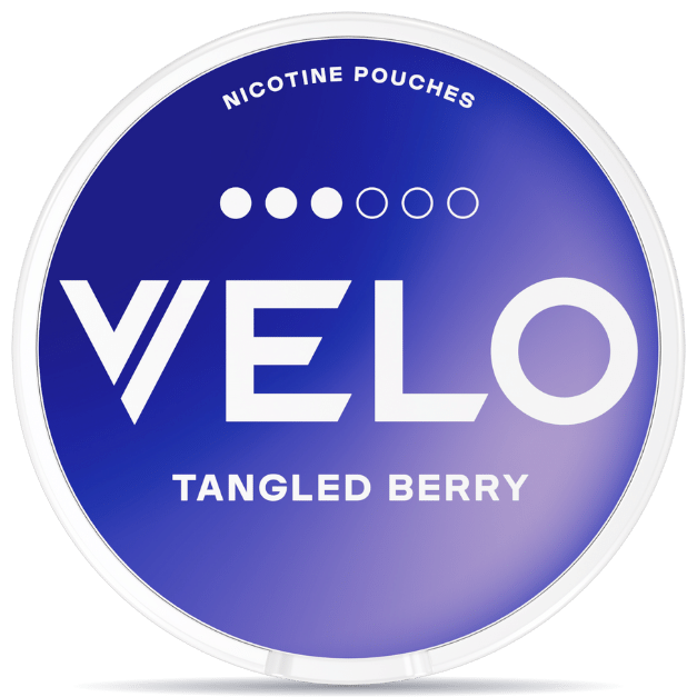 Front view of a can of VELO Tangled Berry nicotine pouches