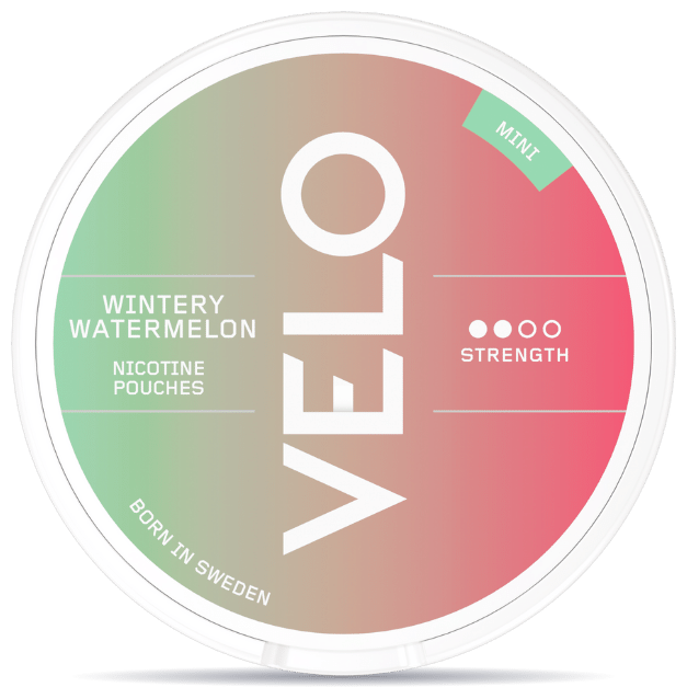 Front view of a can of VELO Wintery Watermelon Mini nicotine pouches