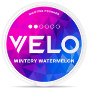 Front view of a can of VELO Wintery Watermelon Mini nicotine pouches